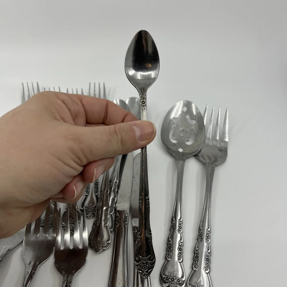 24 Rogers Rose Floral Glossy Stainless Flatware And Serving Spoon Fork Korea Vtg